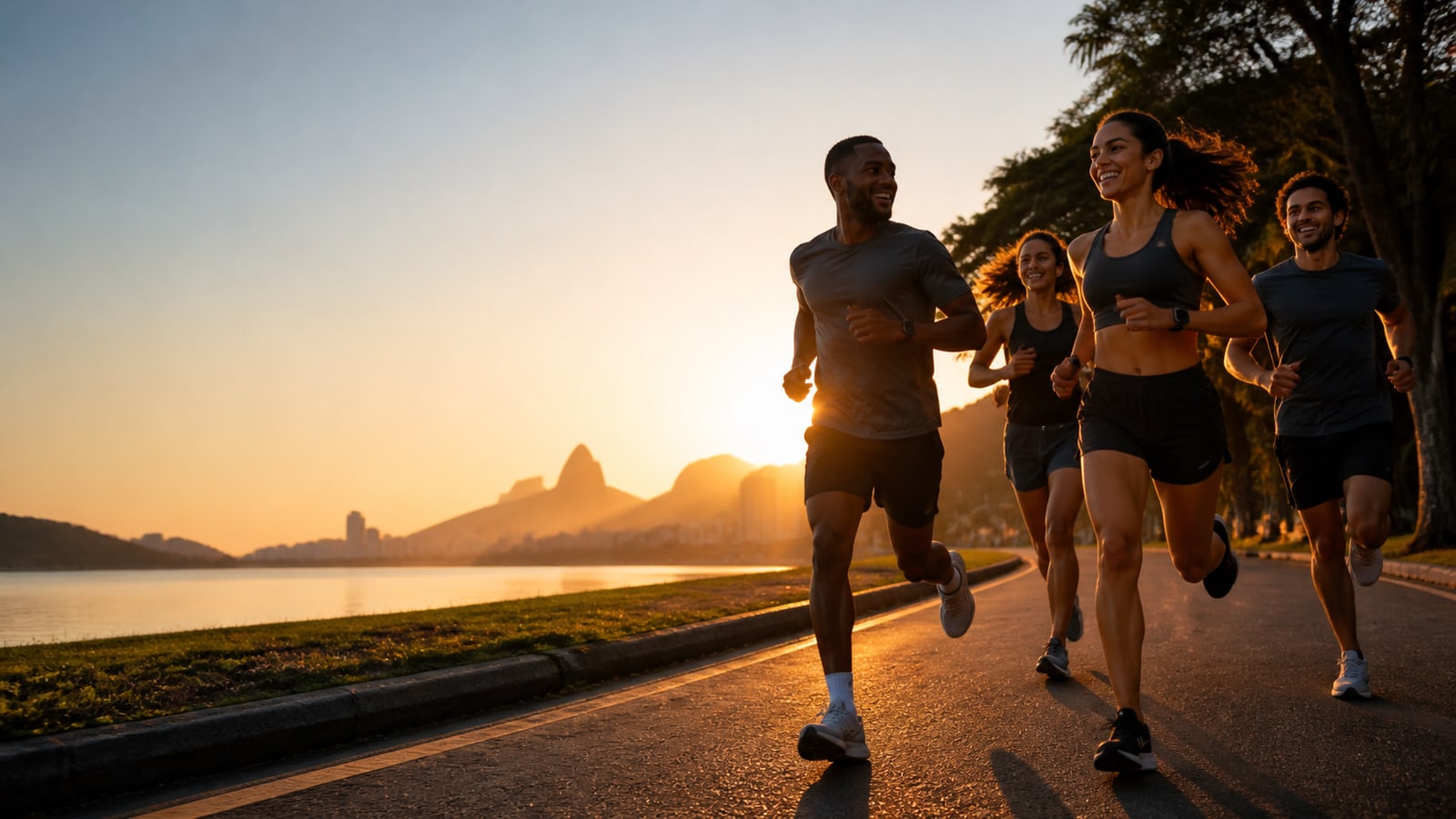 Grupo diverso de corredores treinando junto ao amanhecer