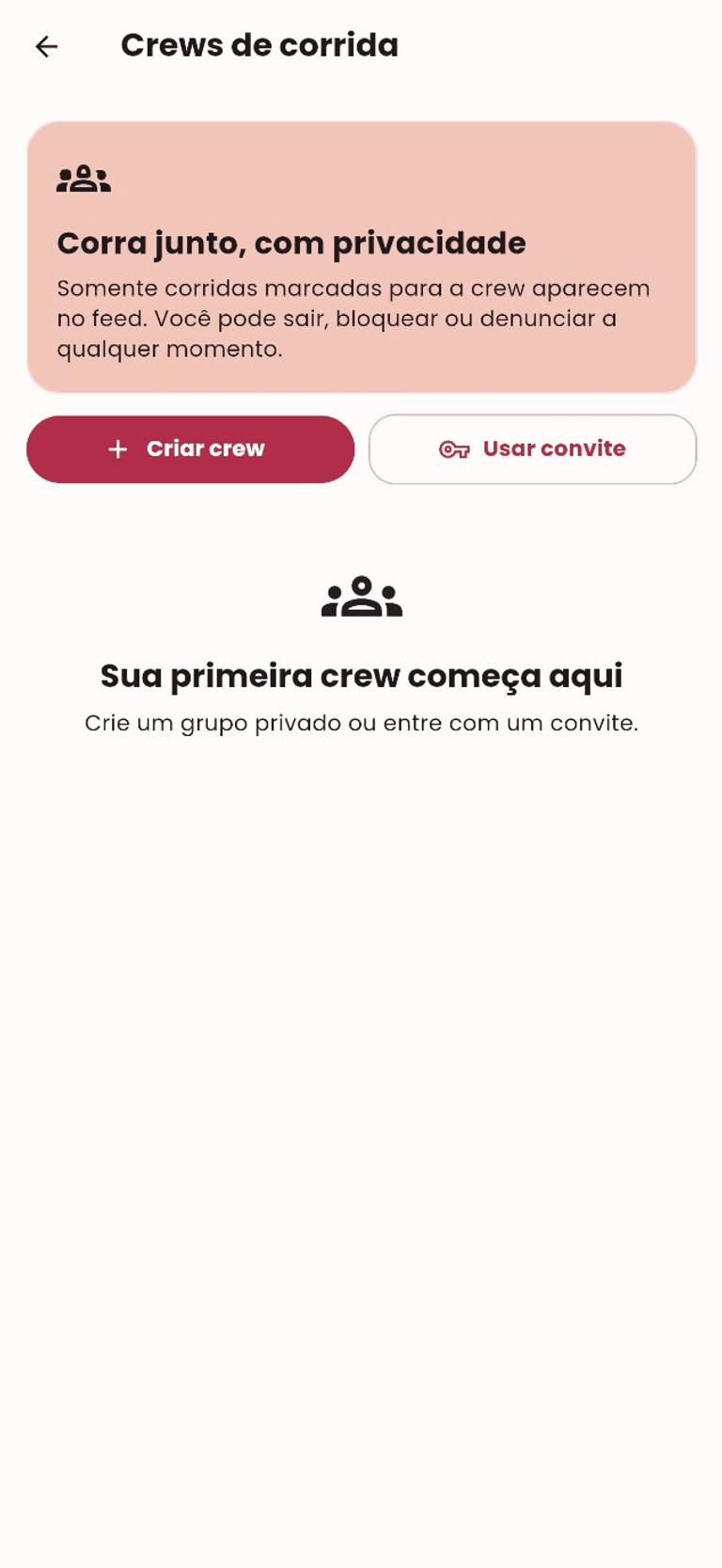 Tela de Crews de corrida do VitFit com opções para criar grupo ou usar convite