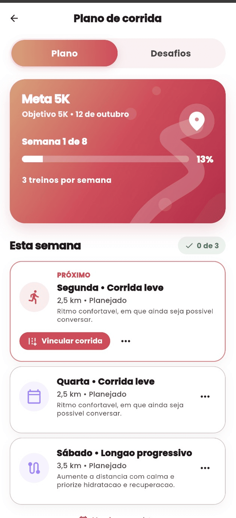 Plano de corrida do VitFit com meta, semana e sessões planejadas