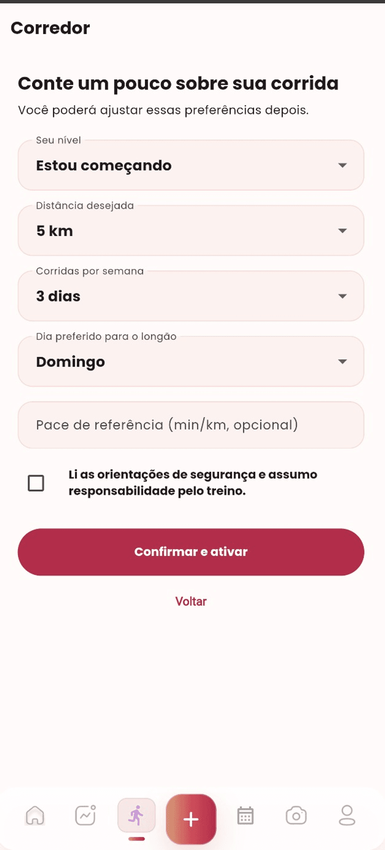 Tela de preferências do Modo Corredor com nível, distância e frequência