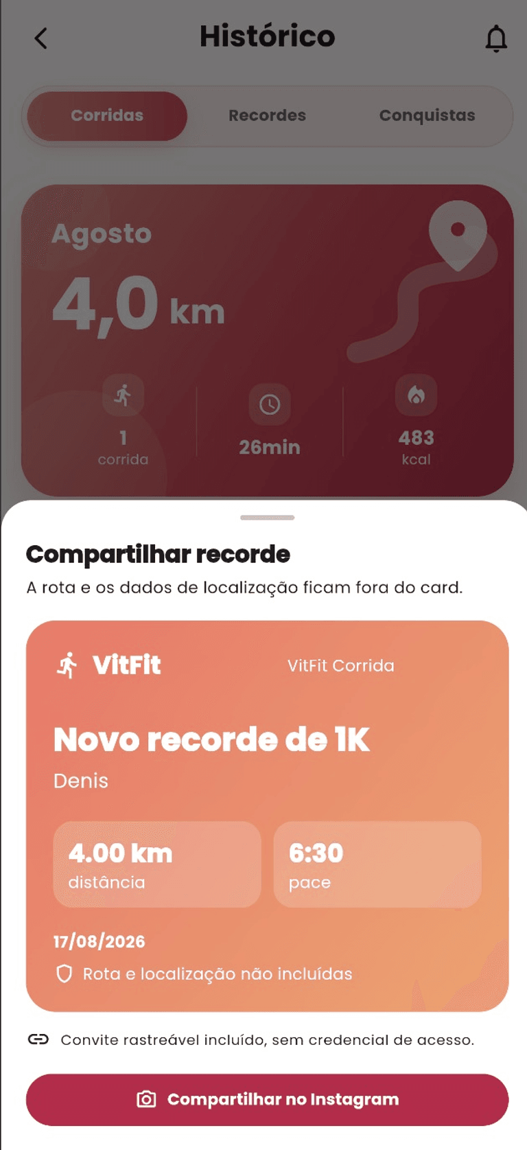 Card de compartilhamento de recorde de corrida sem rota ou localização