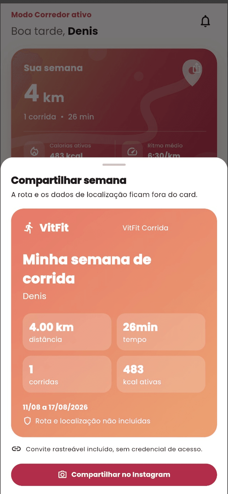 Card de compartilhamento da semana de corrida sem rota ou localização